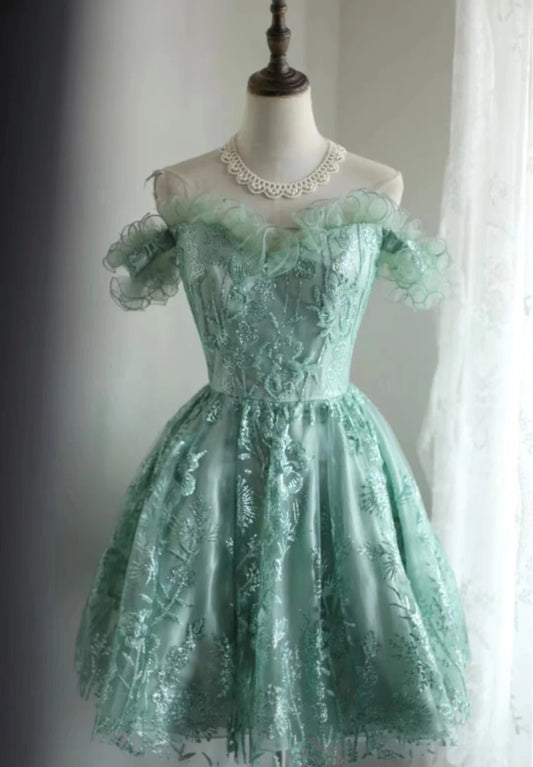 Vintage Green Appliqued Lace-up A-line Off-the-shoulder Party Dresses Homecoming Dresses, DP5808