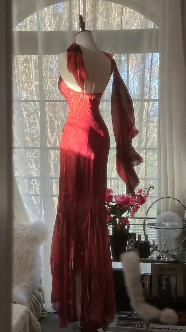 Vintage Rote Stickerei Ballkleid Perlen Meerjungfrau Abendkleid Langes Abendkleid DP6634