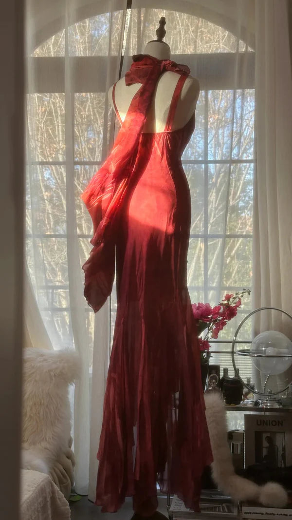 Vintage Rote Stickerei Ballkleid Perlen Meerjungfrau Abendkleid Langes Abendkleid DP6634
