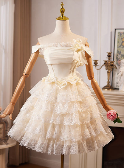 Cute Cream White Off-the-Shoulder Tiered Lace A-Line Homecoming Dress DP8509