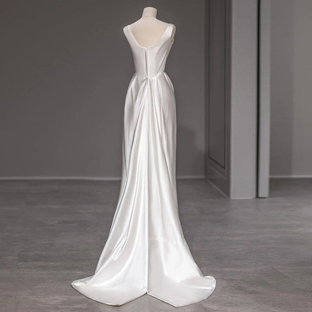 Elegant Square Neck Satin Sheath Wedding Dress Draped Bridal Gown DP7048