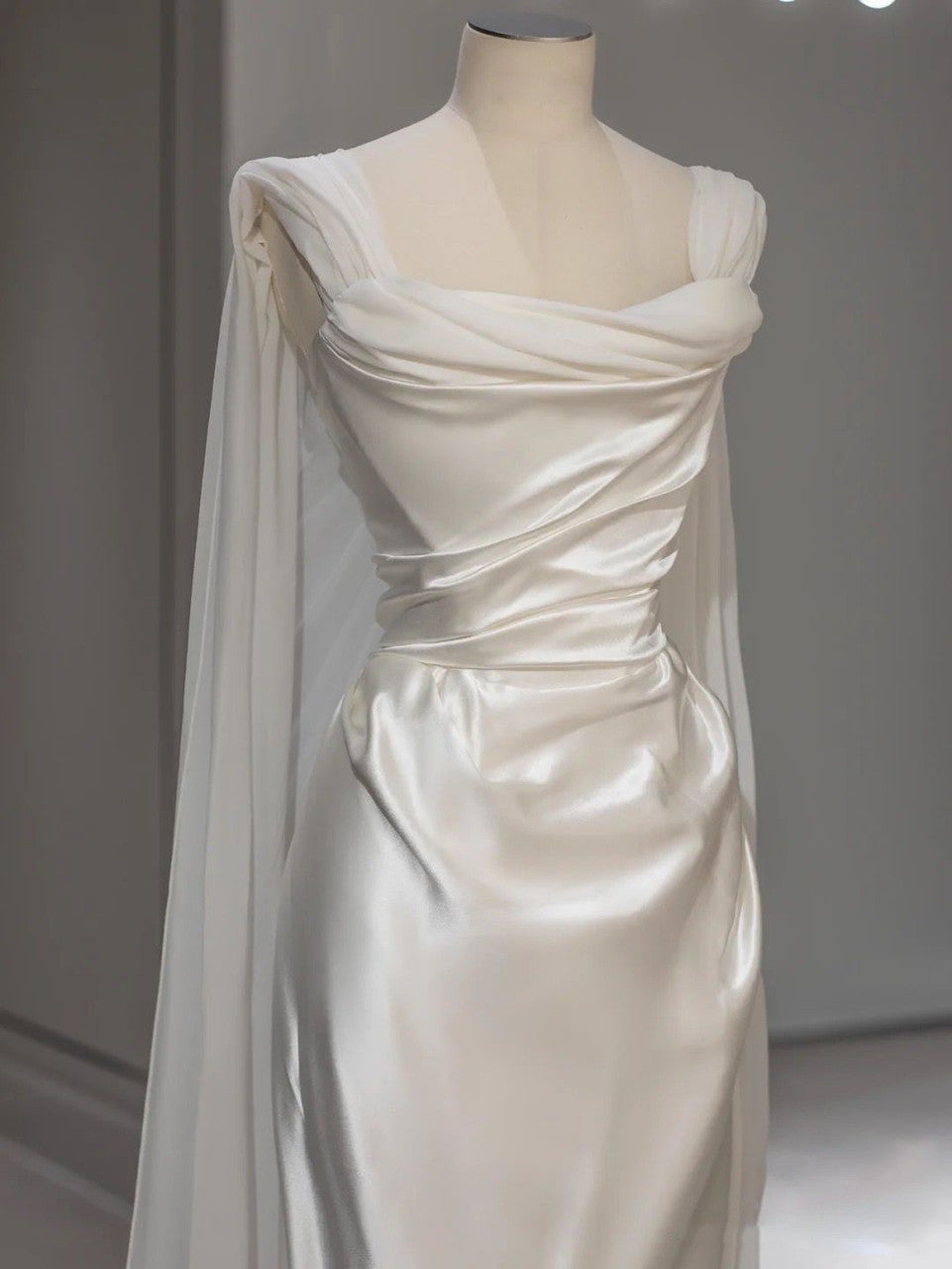 Elegant Satin Sheath Cape Sleeves Wedding Dress Draped Bridal Gown DP7047