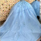 Elegantes, schulterfreies A-Linien-Ballkleid mit Perlenapplikation in Blau für Sweet 16 Quinceanera, Geburtstagskleid, Abendkleid, Ballkleid DP6521