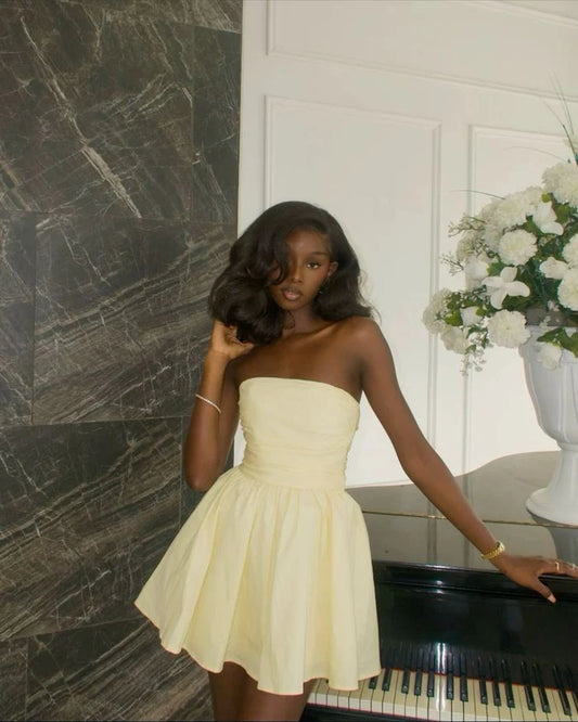 Vintage Faint Yellow Strapless A-Line Homecoming Dress Party Dress Cocktail Dress DP6681