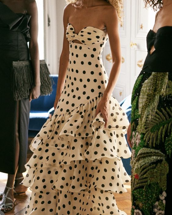 Vintage Polka Dot Strapless Long Prom Dress Sweetheart Ruffle Tiered Formal Dress, DP6564