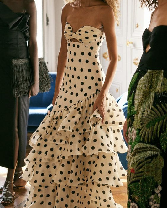 Vintage Polka Dot Strapless Long Prom Dress Sweetheart Ruffle Tiered Formal Dress, DP6564