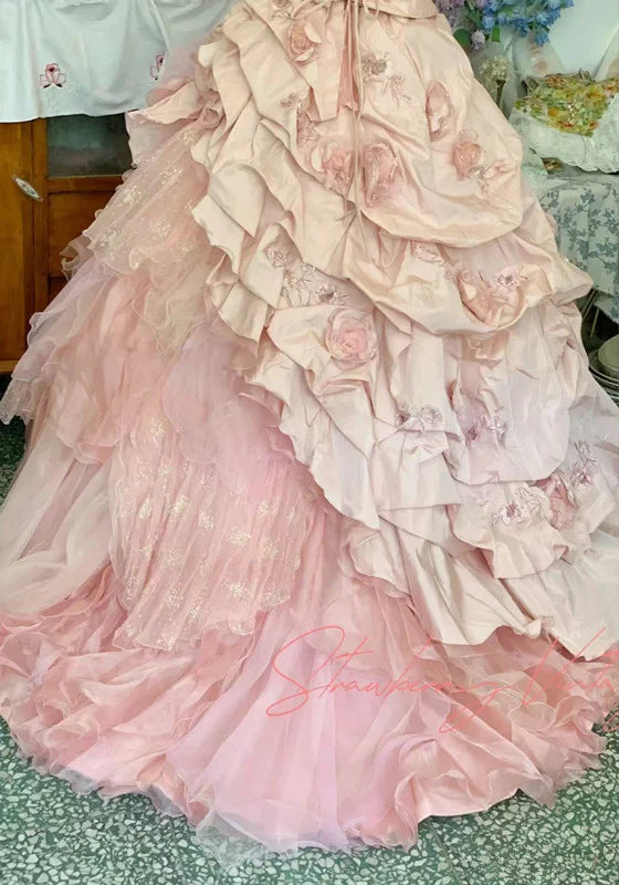 Elegant Pink 3D Flower Sweet 16 Quinceanera A-Line Floor-length Prom Dress Birthday Dress Evening Dress Ball Gown DP6442