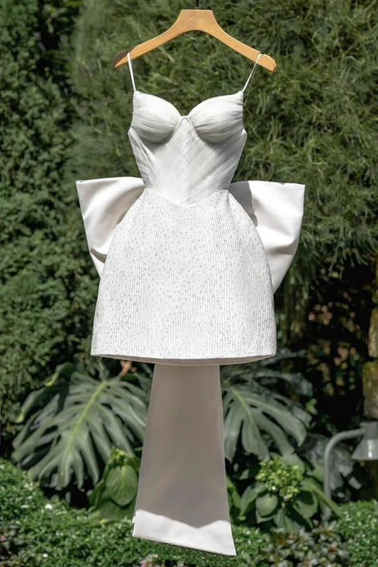 Cute White Sweetheart Spaghetti Strap Bow A-Line Short Party Dress Cocktail Dress Homecoming Dress DP6435