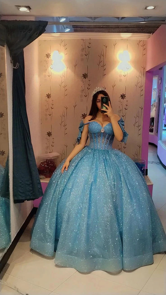 Elegantes blaues Herzausschnitt-Schulterfreies Sweet 16 Quinceanera A-Linie Bodenlanges Ballkleid Geburtstagskleid Abendkleid Ballkleid DP6514