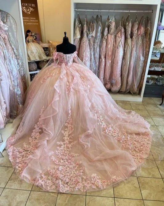 Wunderschönes rosa Sweetheart-Applikation Sweet 16 Quinceanera A-Linie Tüll bodenlanges Ballkleid Geburtstagskleid Abendkleid Ballkleid DP6499