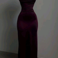 Burgundy Straps Open Back Sheath Satin Long Party Dress, DP3799