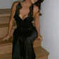 Black Straps V Neck Lace Satin Long Prom Dress Evening Party Dress, DP3718