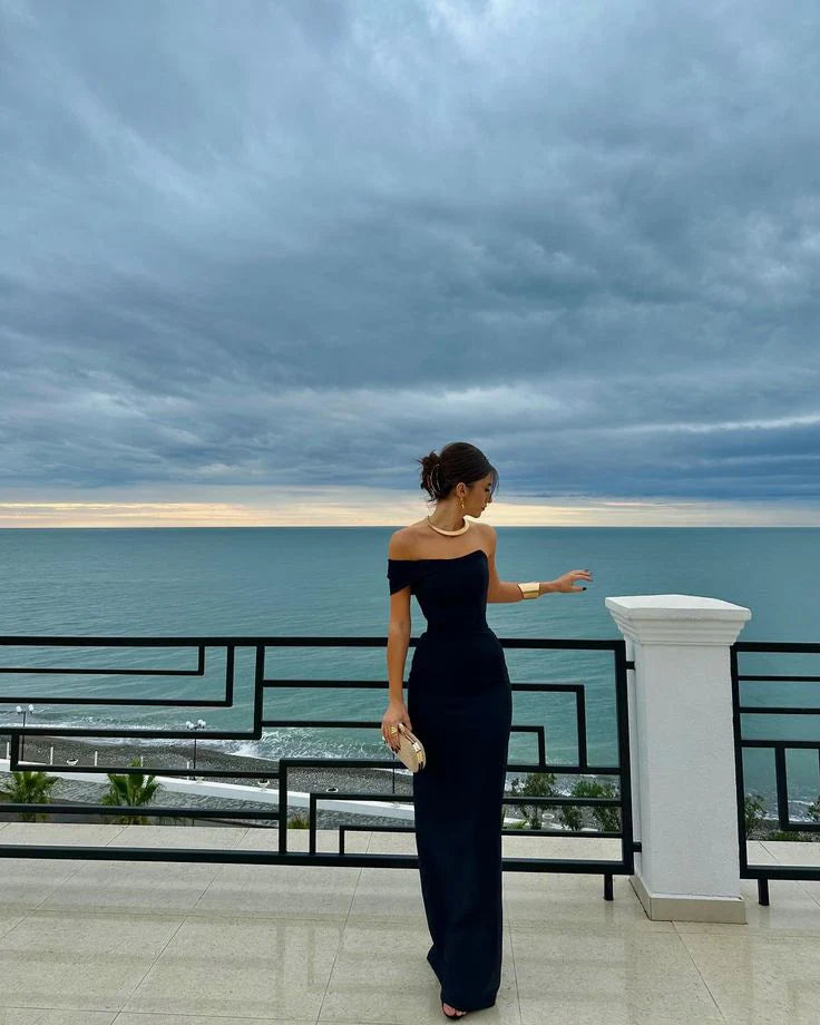 Elegant Black Asymmetric One-Shoulder Floor-Length Sheath Prom Dress DP8487