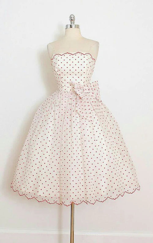 Vintage Red Polka Dot Bowknot Strapless A-Line Homecoming Dress Party Dress Cocktail Dress DP6682
