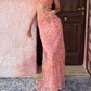 Vintage Pink Lace Sheath Prom Dress Long Evening Dress Spaghetti Strap Formal Dress, DP6583