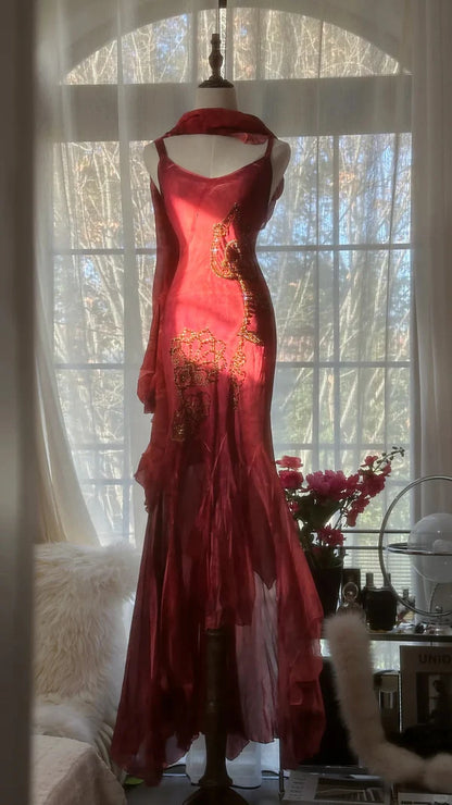 Vintage Rote Stickerei Ballkleid Perlen Meerjungfrau Abendkleid Langes Abendkleid DP6634