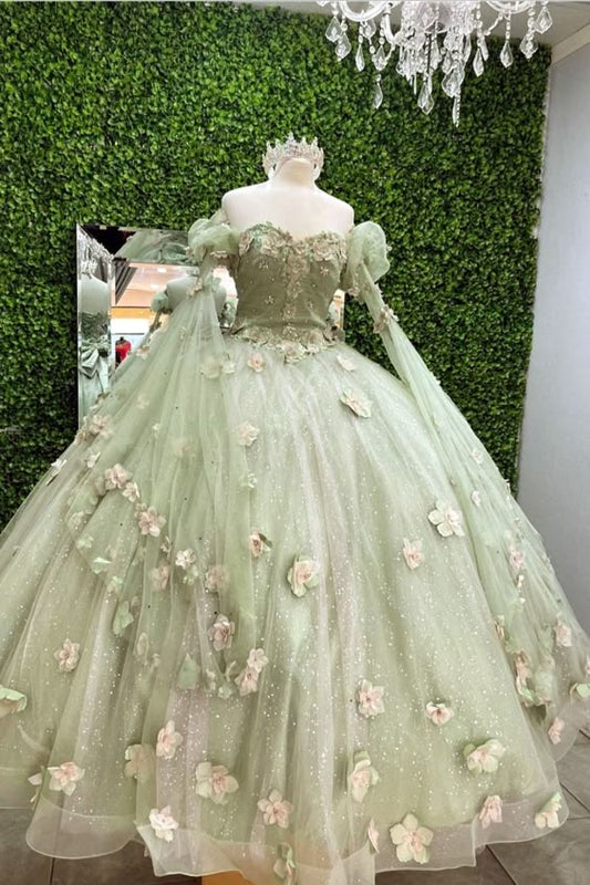 Wunderschönes mintgrünes Sweetheart 3D-Blumen-Applikation Sweet 16 Quinceanera A-Linie Tüll bodenlanges Ballkleid Geburtstagskleid Abendkleid Ballkleid DP6457