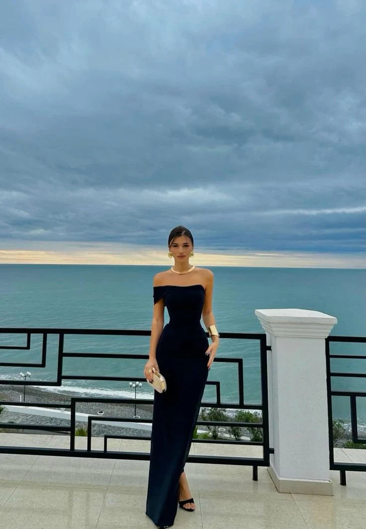 Elegant Black Asymmetric One-Shoulder Floor-Length Sheath Prom Dress DP8487