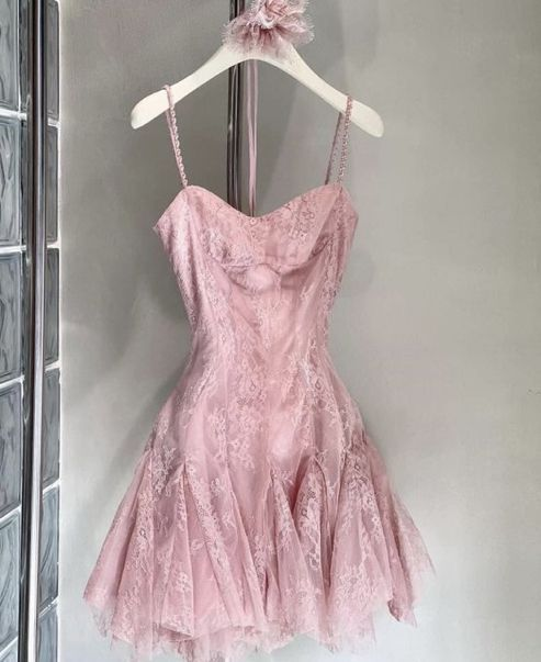 Pink Straps A-Line Lace Short Party Dress Homecoming Dress, DP3192