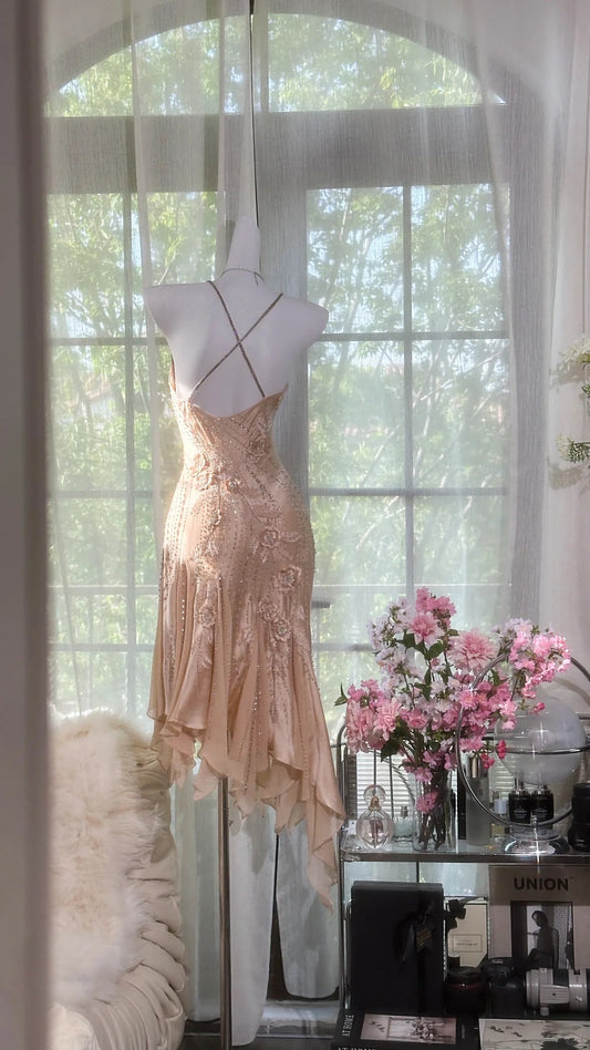 Fashion Sequin Beading Spaghetti Strap A-line Satin Party Dresses Homecoming Dresses, DP5788