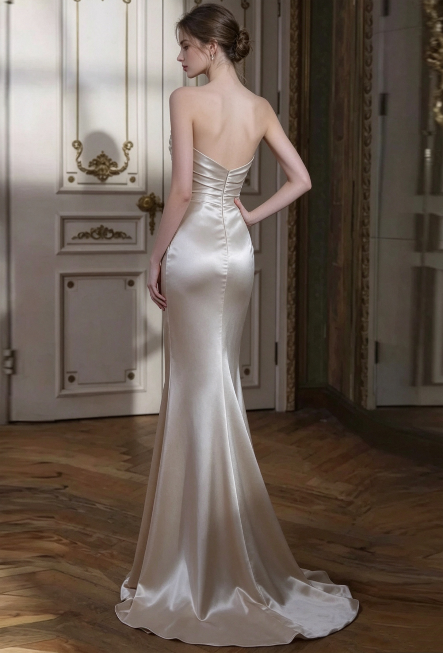 Elegant Champagne Satin Strapless Mermaid Beaded Prom Dress DP8783