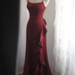 Glamorous Burgundy Satin Spaghetti Strap Ruffled Side Detail with Train Prom Dress DP7655