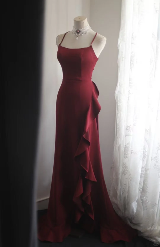 Glamorous Burgundy Satin Spaghetti Strap Ruffled Side Detail with Train Prom Dress DP7655