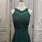 Elegant Emerald Green Sleeveless Lace Evening Gown Chiffon Train Prom Dress DP7603