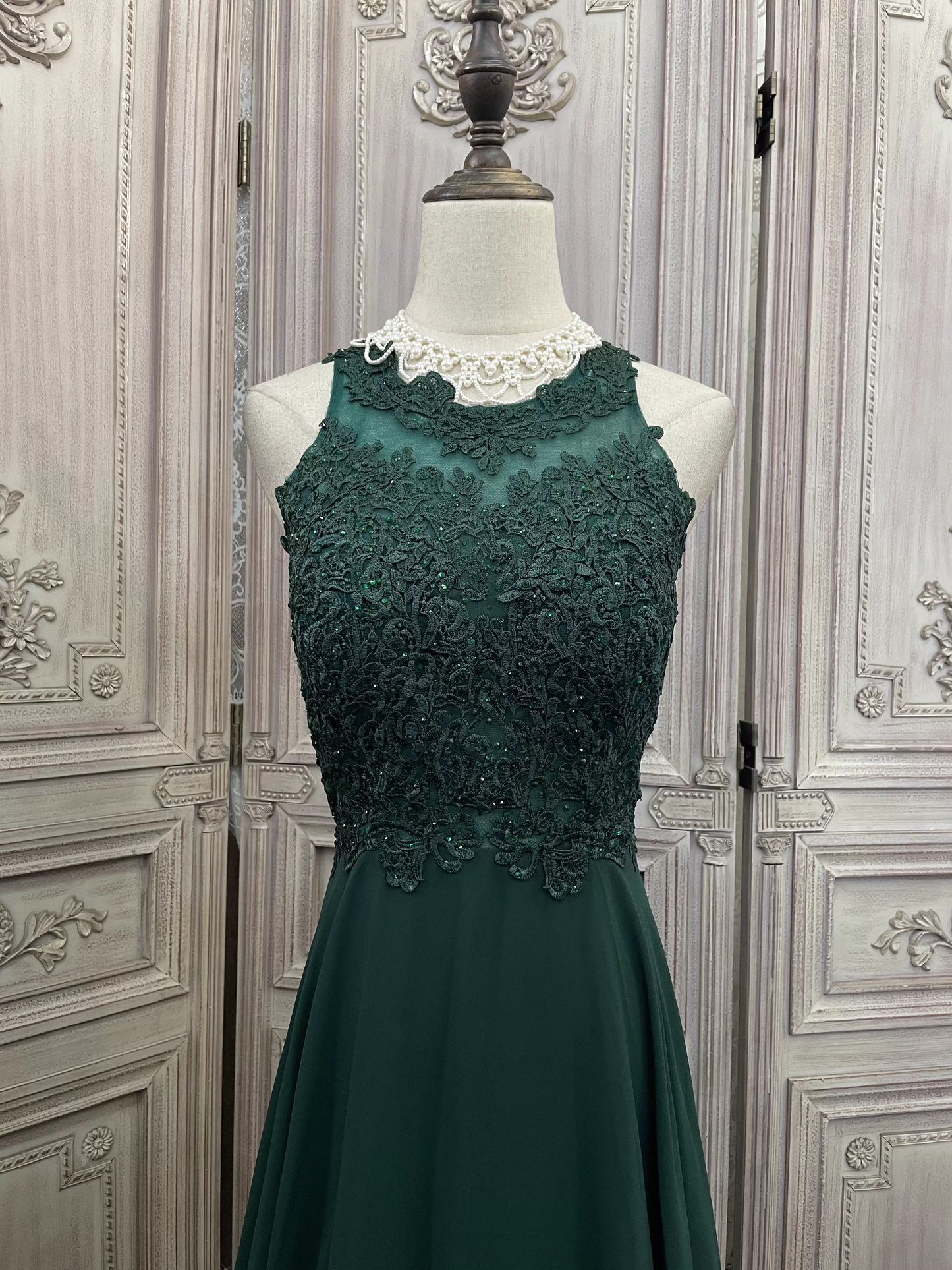 Elegant Emerald Green Sleeveless Lace Evening Gown Chiffon Train Prom Dress DP7603