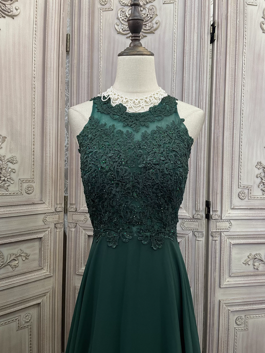 Elegant Emerald Green Sleeveless Lace Evening Gown Chiffon Train Prom Dress DP7603