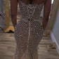 Robe de bal longue style sirène vintage gris argenté, sans bretelles, ornée de perles, DP6565