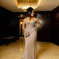 Robe de bal longue style sirène vintage gris argenté, sans bretelles, ornée de perles, DP6565