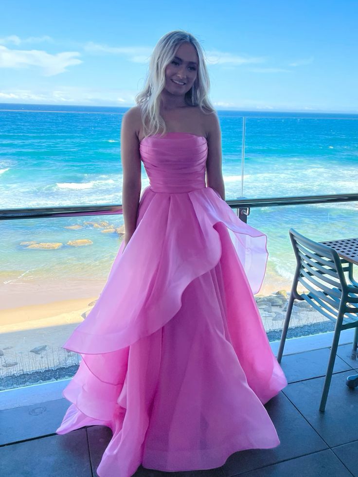 Elegant Strapless Pink Satin Bodice Organza Sweet 16 Quinceanera Ball Gown DP8273