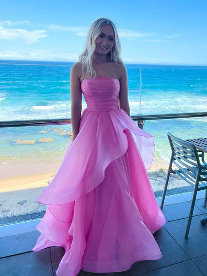 Elegant Strapless Pink Satin Bodice Organza Sweet 16 Quinceanera Ball Gown DP8273