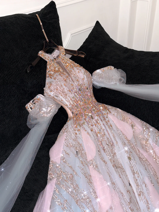Gorgeous Shiny Pink Beaded Sequined Design A-Line Prom Dress Evening Dress Ball Gown DP6225