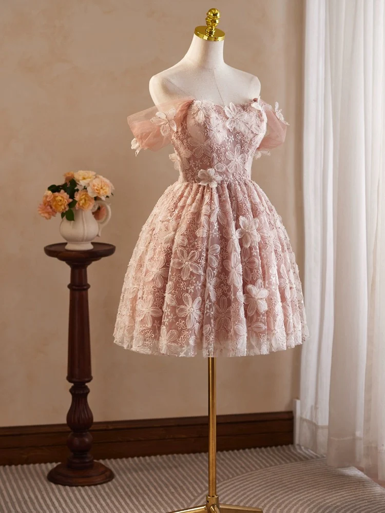 Retro Pink Applique Off-the-shoulder Design A-line Tulle Party Dress Homecoming Dress DP6067