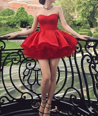 Vintage Red Strapless Sweetheart Tiered Tulle A-Line Homecoming Dress DP8519