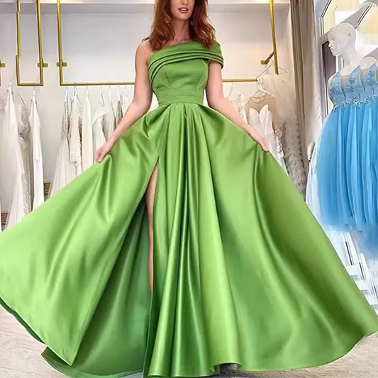 Glamorous Olive Green Satin One-Shoulder Gown A-Line High Slit Evening Dress DP8110
