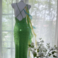 Vintage Shiny Sequin Green Spaghetti Strap Design A-line Romantic Chiffon Evening Dress Prom Dress DP6026
