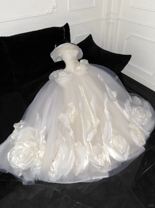 Elegantes Elfenbein 3D Blumen Design A-Linie Tüll Brautkleid Ballkleid Abendkleid Ballkleid DP6221
