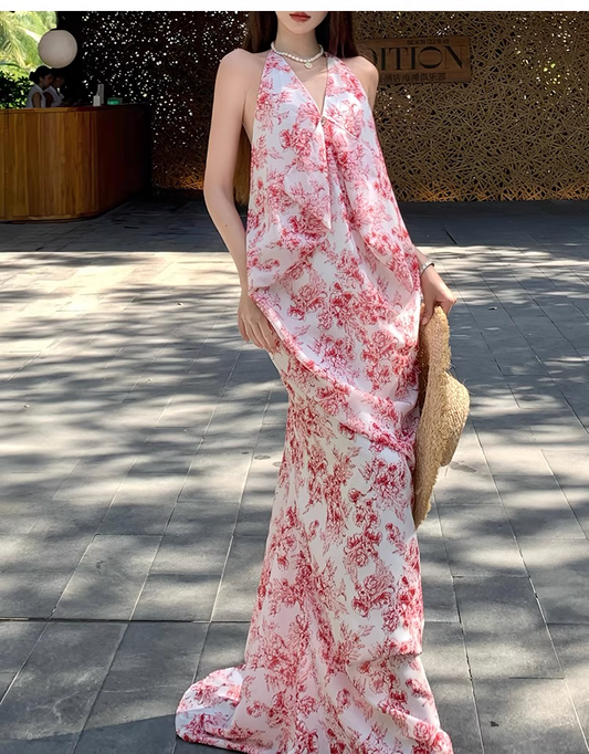 Vintage Rosa Blumen V-Ausschnitt Design Elegantes Strandurlaub Meerjungfrau Ärmelloses Neckholder Kleid DP6258
