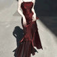 Vintage Burgundy Spaghetti Strap Ruffle Design Elegant A-line Evening Dress Prom Dress DP6130