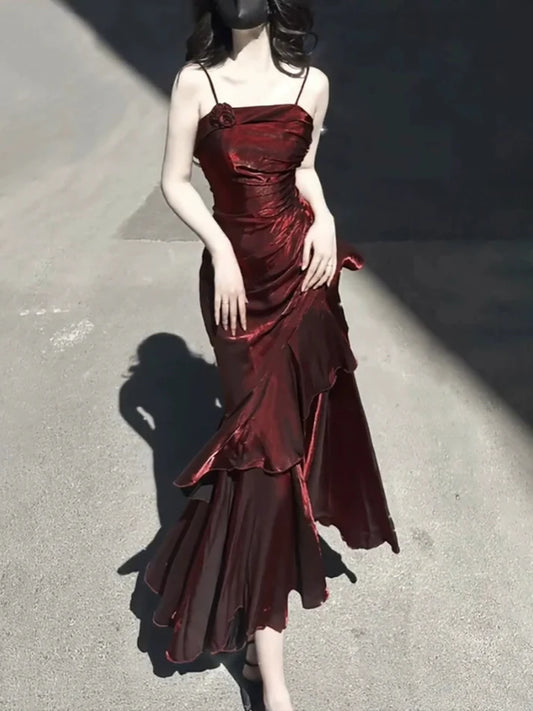 Vintage Burgundy Spaghetti Strap Ruffle Design Elegant A-line Evening Dress Prom Dress DP6130
