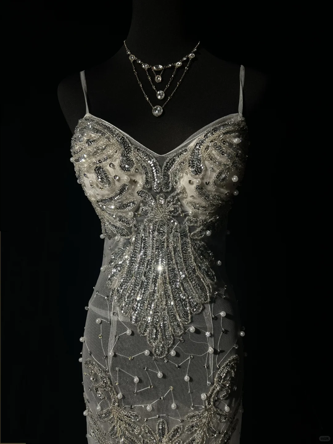 Vintage Silver Beaded Spaghetti Strap Prom Dress Romantic Mermaid Tulle Train Evening Gown DP7117