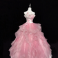 Elegant Pink Strapless Tulle Dress Lace Applique Bow Ruffled Prom Gown Sweet 15 Quinceanera Ball Gown DP8252