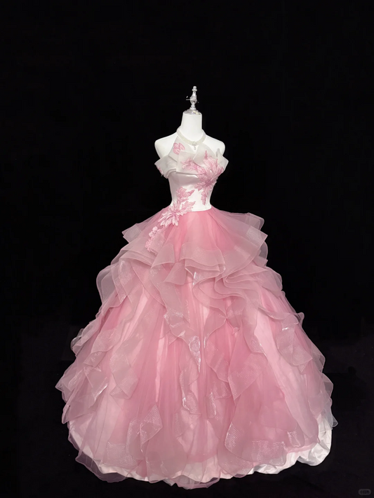Elegant Pink Strapless Tulle Dress Lace Applique Bow Ruffled Sweet 15 Quinceanera Ball Gown DP8252