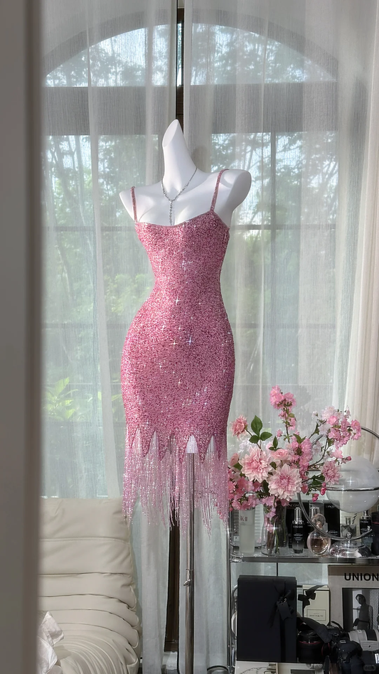 Vintage Pink Sparkling Sequin Spaghetti Strap Tassels Hem Romantic Evening Dress Prom Dresses DP6140