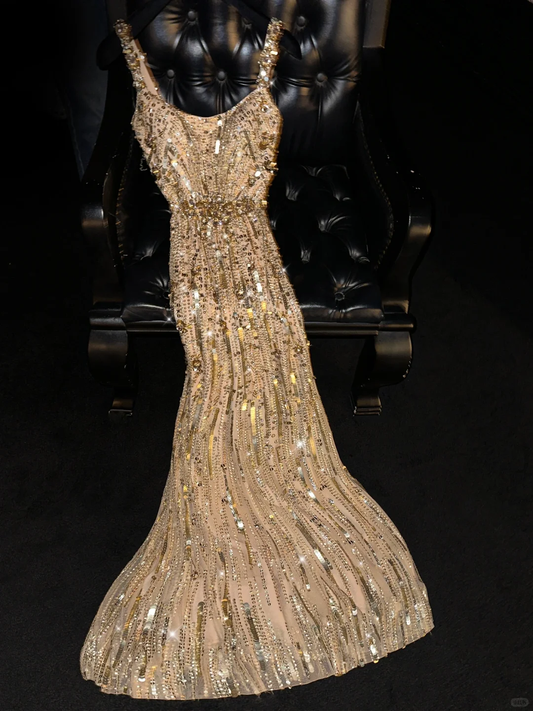 Gorgeous Champagne Gold Sequin Spaghetti Strap Mermaid Sparkly Formal Evening Gown DP7339