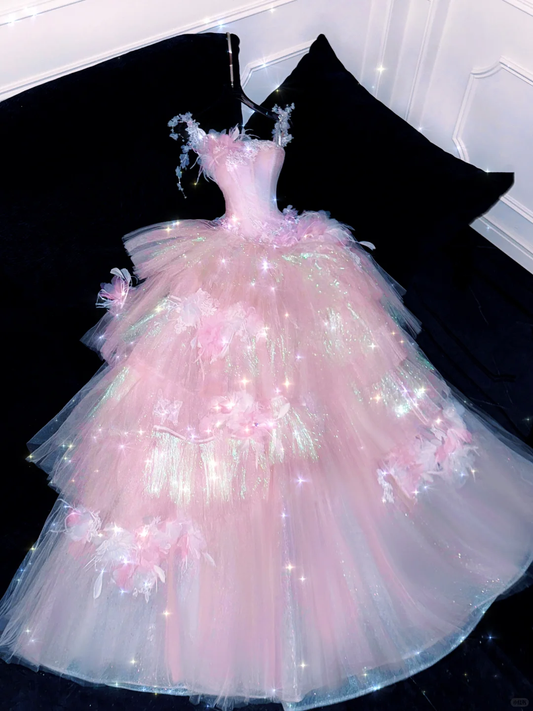 Sparkling Elegant Pink A-Line Tiered Prom Dress Evening Dress Ball Gown DP6231