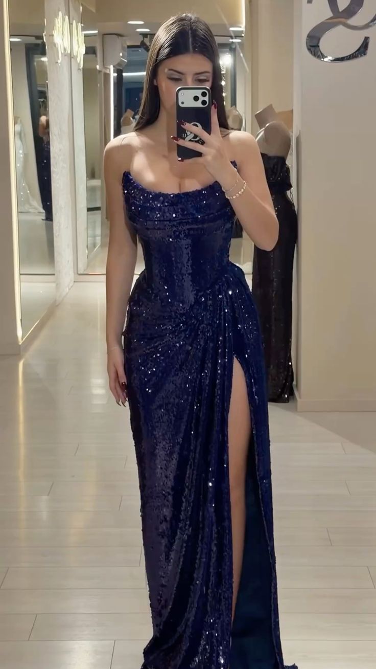 Elegant Navy Blue Sequin Cowl Neck Mermaid High Slit Sparkly Prom Dress DP8831